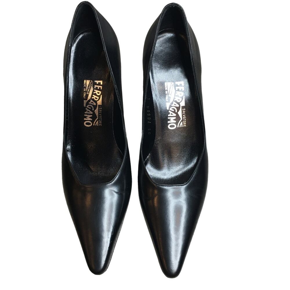 Salvatore Ferragamo Black Pointed Toe Leather Heels